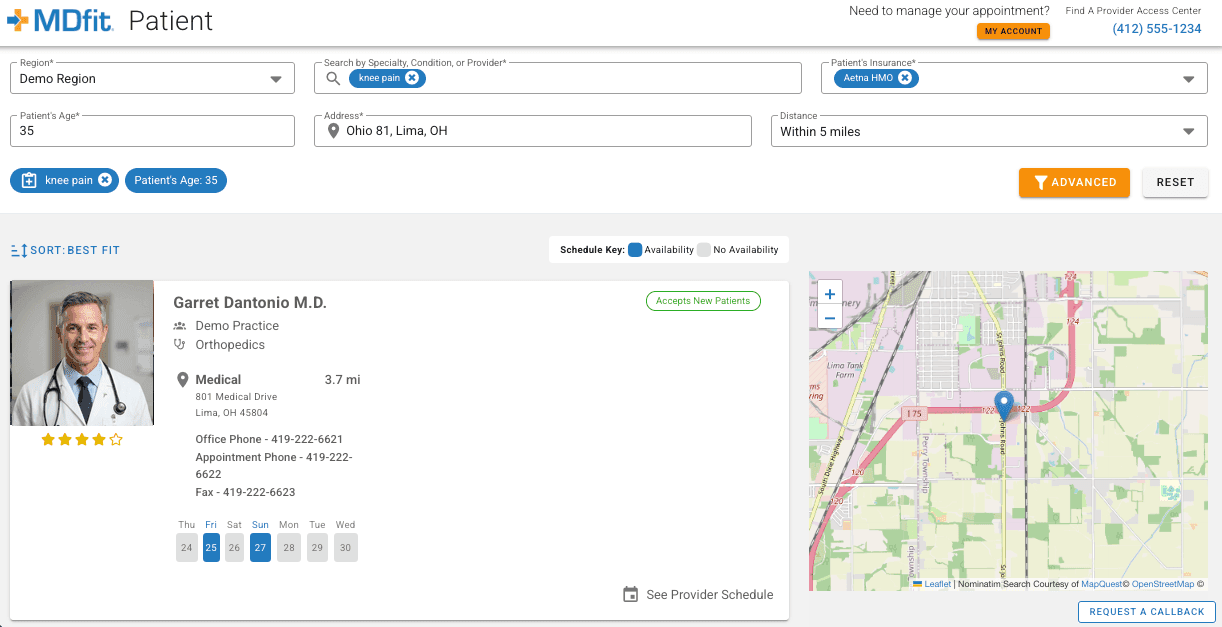 MDfit patient booking screen: a search for knee pain within five miles returns an orthopedics provider accepting new patients, with available dates highlighted and a map of nearby locations.